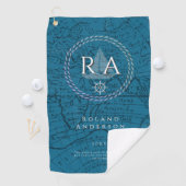 Blauw nautisch touw monogram kaart golfhanddoek (Insitu)