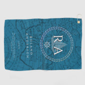 Blauw nautisch touw monogram kaart golfhanddoek (Horizontaal)