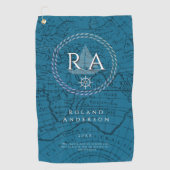 Blauw nautisch touw monogram kaart golfhanddoek (Voorkant)