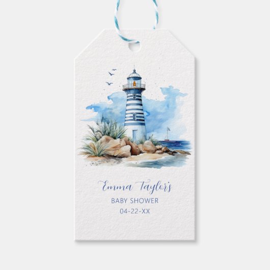 Blauw nautisch vuurtoren babyshower cadeautag  cadeaulabel (Voorkant)