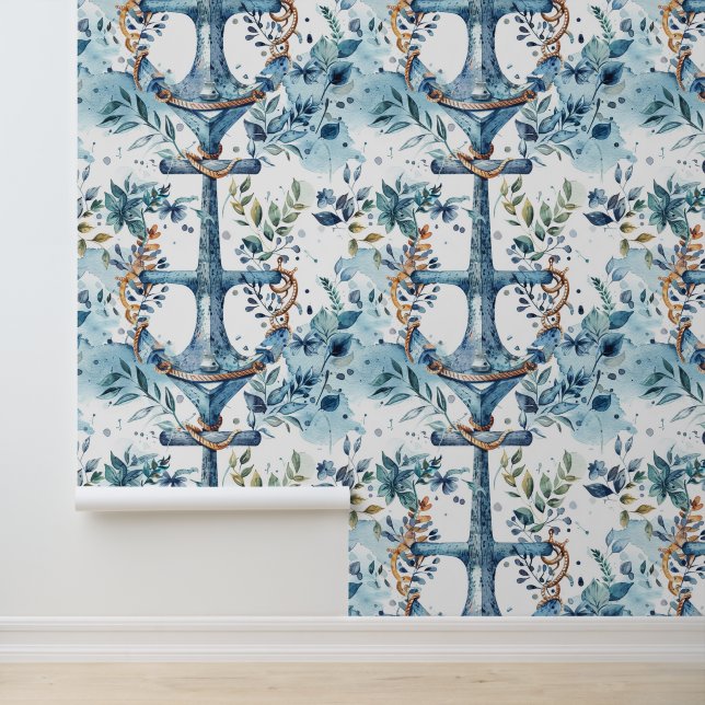 Blauw nautisch waterverf ontwerp behang (Applicatie)