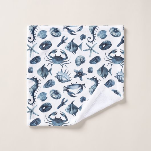 Blauw Nautisch Zee Shell Pattern Bad Handdoek (Wasdoekje)