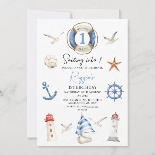 Blauw Nautisch Zeilen in Één 1e Verjaardag Kaart (Voorkant)