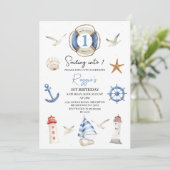 Blauw Nautisch Zeilen in Één 1e Verjaardag Kaart (Staand voorkant)