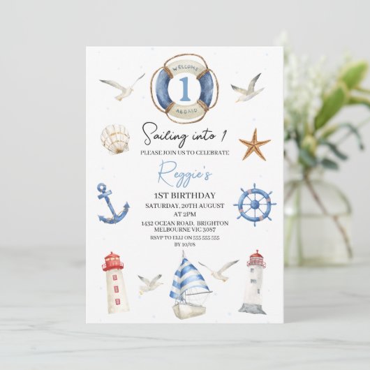 Blauw Nautisch Zeilen in Één 1e Verjaardag Kaart (Staand voorkant)