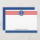 Blauw-nautische anker rode strepen, platte notitie notitiekaartje (Voorkant / Achterkant)