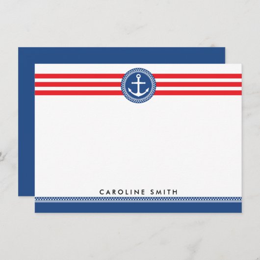 Blauw-nautische anker rode strepen, platte notitie notitiekaartje (Voorkant / Achterkant)