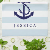 Blauw-nautische anker witte en lichte blauwe strep theedoek (Gevouwen)