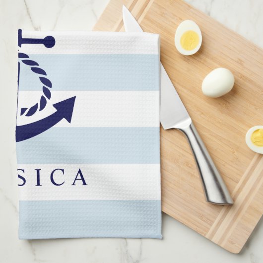 Blauw-nautische anker witte en lichte blauwe strep theedoek (Quarter Fold)