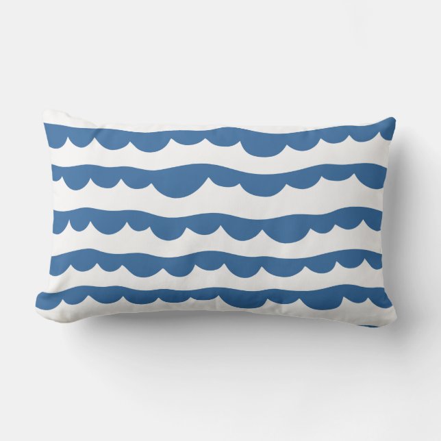 Blauw Nautische Scallop Edge Schetspatroon Kussen (Voorkant)