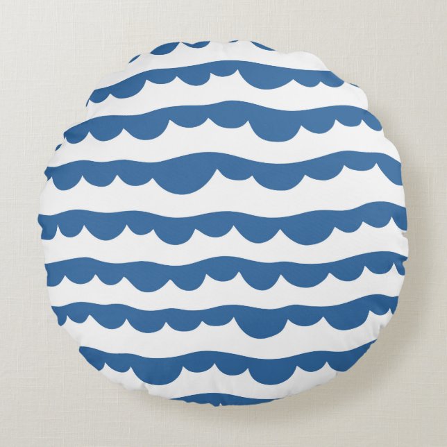 Blauw Nautische Scallop Edge Schetspatroon Rond Kussen (Voorkant)