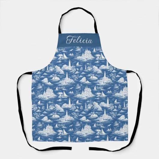 Blauw Nauwe Toile de Jouy Schort (Voorkant)