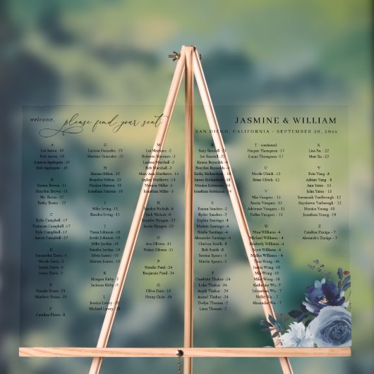 Blauw & Navy Bloemen Alfabetische Zitkaarten Acryl Bord (Neutraal)