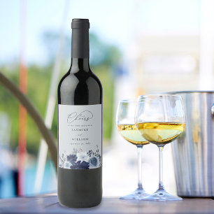 Blauw & Navy Bloemen Bruiloft - Blauw Grijs Wijn Etiket