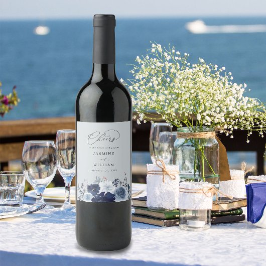 Blauw & Navy Bloemen Bruiloft - Blauw Grijs Wijn Etiket