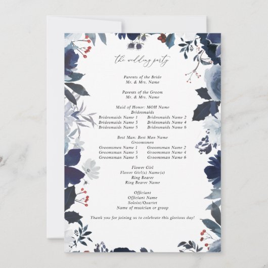 Blauw & Navy Bloemen bruiloft programma (Achterkant)