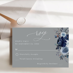 Blauw & Navy Bloemen geen Maaltijd RSVP - Grijs Kaartje