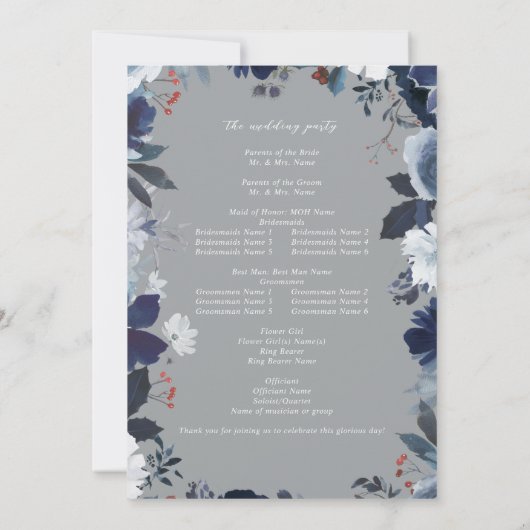 Blauw & Navy Bloemen Huwelijksprogramma - Grijs 2 Kaart (Achterkant)