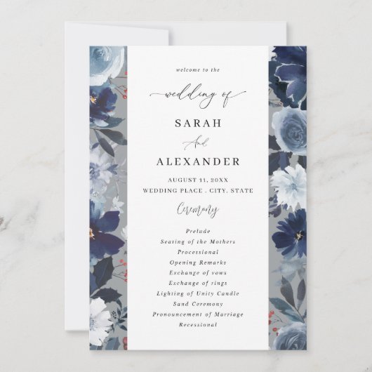 Blauw & Navy Bloemen Huwelijksprogramma - Grijs Kaart (Voorkant)