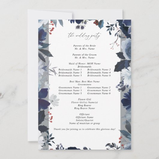 Blauw & Navy Bloemen Huwelijksprogramma - Grijs Kaart (Achterkant)