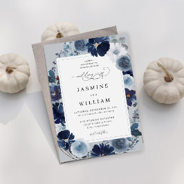 Blauw & Navy Bloemen op Blauw Grijs Bruiloft Kaart