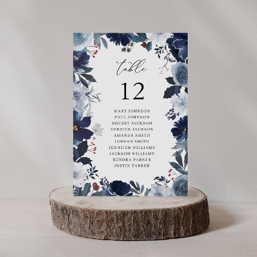 Blauw & Navy Bloemen Tafel Aantal Zitkaarten Kaart