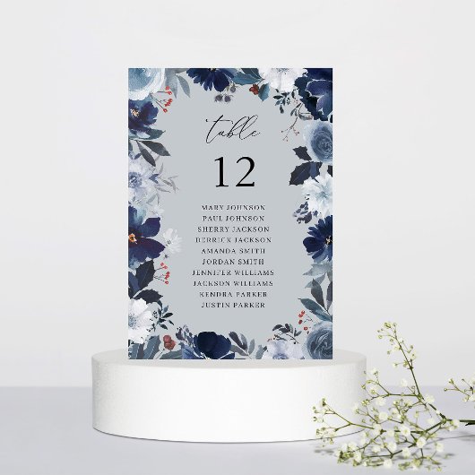 Blauw & Navy Bloemen Tafel Nummer Zitkaart BGREY Kaart