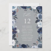 Blauw & Navy Bloemen Tafel Nummer Zitkaart Grijs Kaart (Voorkant)