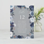 Blauw & Navy Bloemen Tafel Nummer Zitkaart Grijs Kaart (Staand voorkant)