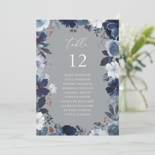 Blauw & Navy Bloemen Tafel Nummer Zitkaart Grijs Kaart (Staand voorkant)