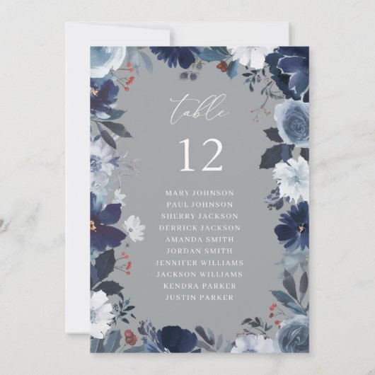 Blauw & Navy Bloemen Tafel Nummer Zitkaart Grijs Kaart (Achterkant)