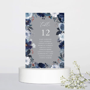 Blauw & Navy Bloemen Tafel Nummer Zitkaart Grijs Kaart