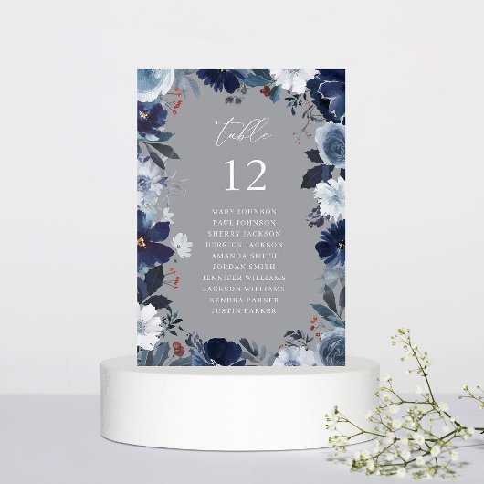 Blauw & Navy Bloemen Tafel Nummer Zitkaart Grijs Kaart
