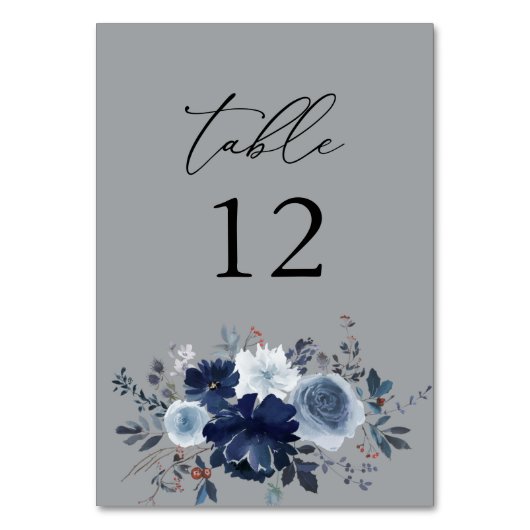 Blauw & Navy Bloemen Tafelnummer - Grijs (Achterkant)
