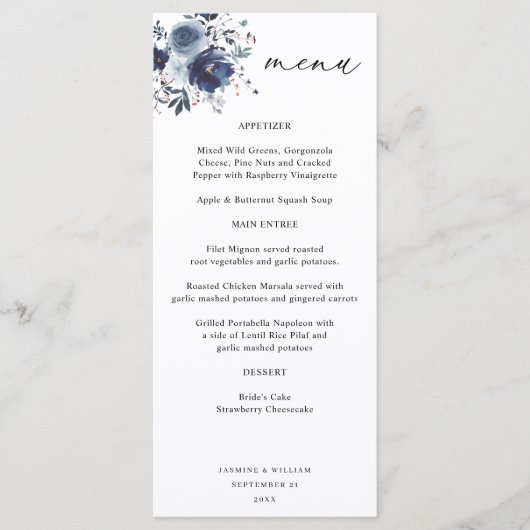 Blauw & Navy Bloemen Tall Menu (Voorkant)