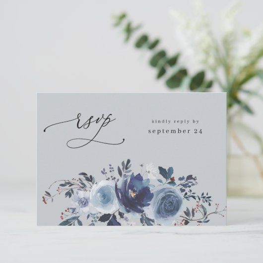 Blauw & Navy Bloemen W Maaltijd RSVP - Blauw Grijs (Staand voorkant)
