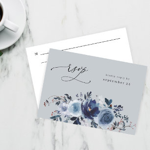 Blauw & Navy Bloemen W Maaltijd RSVP - Blauw Grijs Kaartje