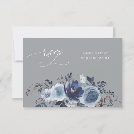 Blauw & Navy Bloemen W Maaltijd RSVP - Grijs (Voorkant)