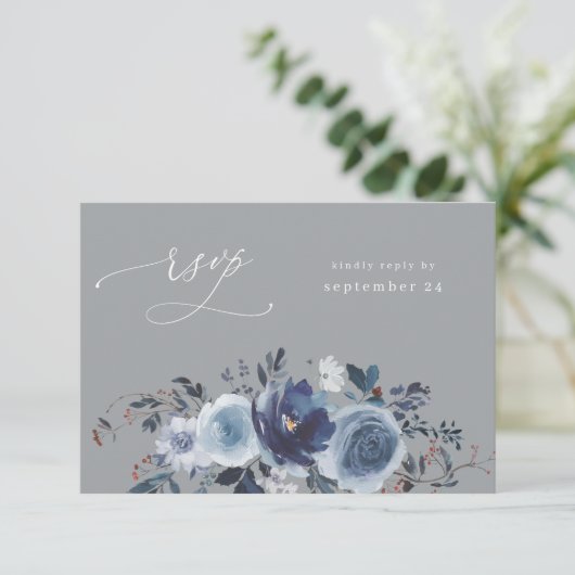 Blauw & Navy Bloemen W Maaltijd RSVP - Grijs (Staand voorkant)