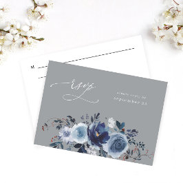 Blauw & Navy Bloemen W Maaltijd RSVP - Grijs Kaartje