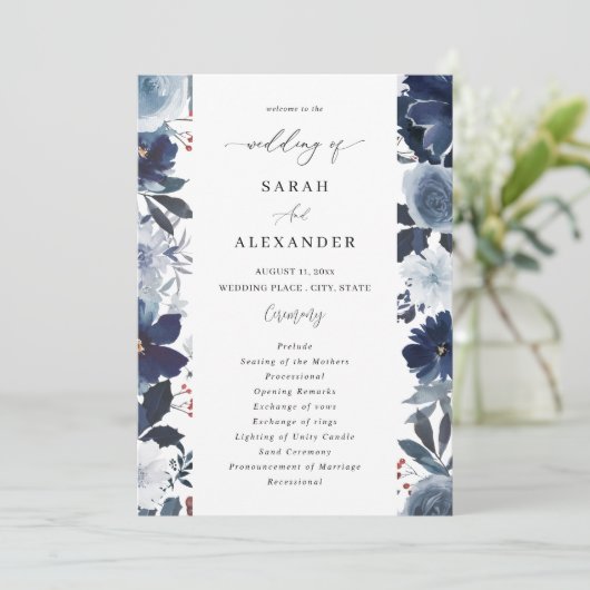 Blauw & Navy Bloemen Wedding Programma test2 (Staand voorkant)