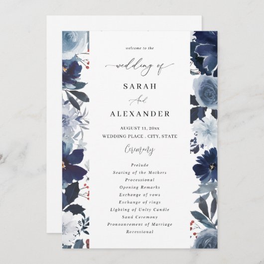 Blauw & Navy Bloemen Wedding Programma test2 (Voorkant / Achterkant)