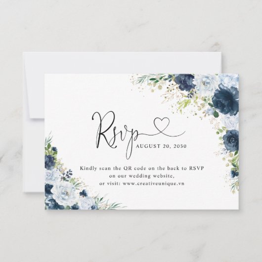 Blauw Navy Bloemige Trouwwebsite QR Code RSVP Kaartje (Voorkant)