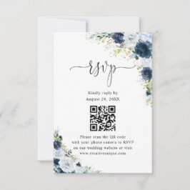 Blauw Navy Bloemige Trouwwebsite QR Code RSVP  Kaartje
