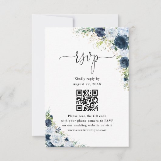 Blauw Navy Bloemige Trouwwebsite QR Code RSVP Kaartje (Voorkant)