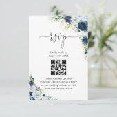 Blauw Navy Bloemige Trouwwebsite QR Code RSVP Kaartje (Staand voorkant)