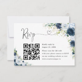 Blauw Navy Bloemige Trouwwebsite QR Code RSVP  Kaartje