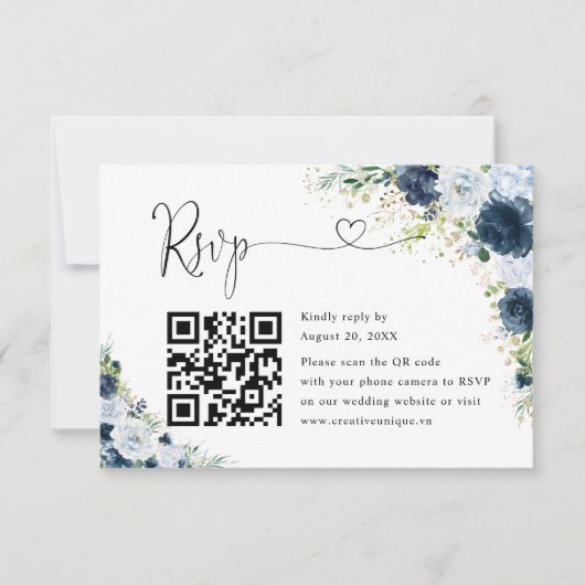 Blauw Navy Bloemige Trouwwebsite QR Code RSVP Kaartje (Voorkant)