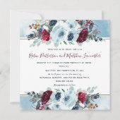 Blauw, Navy Bourgogne Rood en Paarse Bloemen Bruil Kaart (Voorkant)