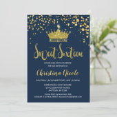 Blauw Navy Gold Confetti Elegant Sweet 16 Kaart (Staand voorkant)